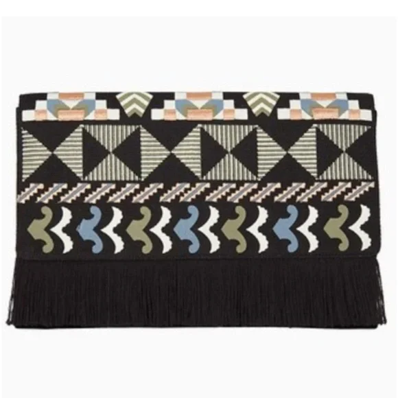 Stella & Dot Taj Clutch Cotton Credit Card Slots Snap Closure Black Embroidery - Picture 2 of 11